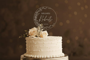 Wedding cake topper, Custom, Acrylic Cake Topper, Minimal Greenery Acrylic Topper, Personalized Wedding Cake Decor, Cake Topper Wedding