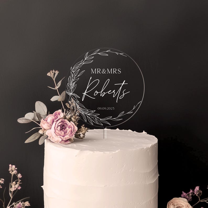 Wedding cake topper, Custom, Acrylic Cake Topper, Minimal Greenery Acrylic Topper, Personalized Wedding Cake Decor, Cake Topper Wedding