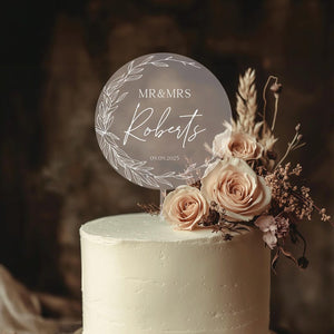 Wedding cake topper, Custom, Acrylic Cake Topper, Minimal Greenery Acrylic Topper, Personalized Wedding Cake Decor, Cake Topper Wedding