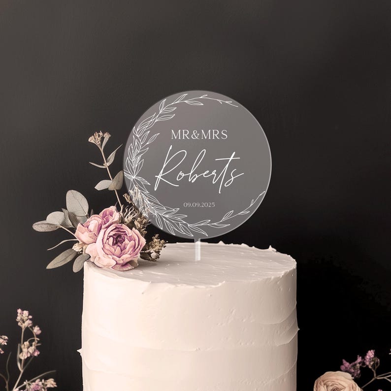 Wedding cake topper, Custom, Acrylic Cake Topper, Minimal Greenery Acrylic Topper, Personalized Wedding Cake Decor, Cake Topper Wedding
