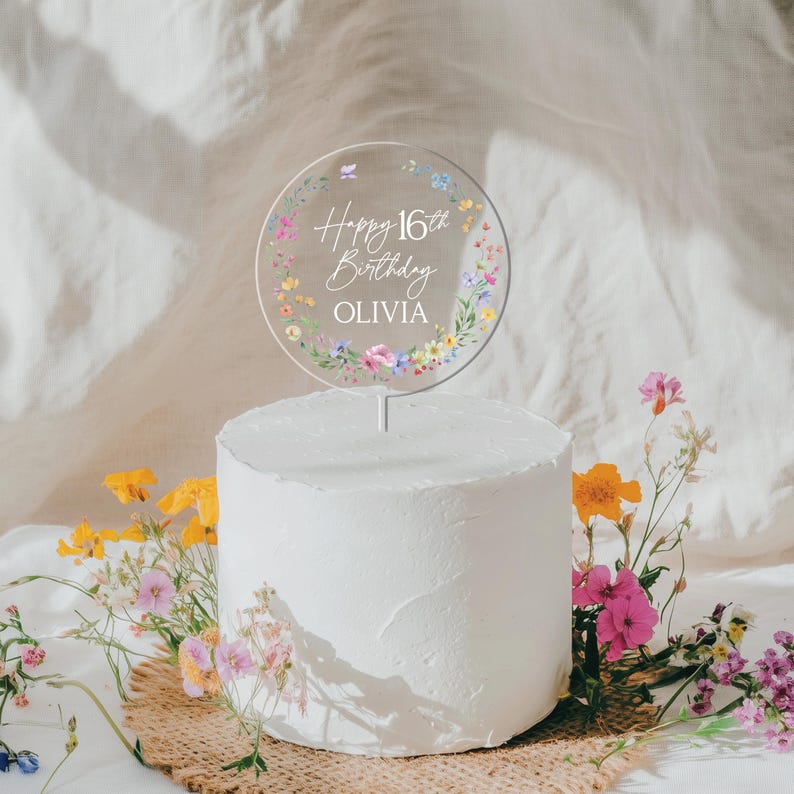 Wildflower Birthday Cake Topper, Acrylic Cake Toppers for Birthday, Sweet 16 Birthday Cake Topper for Girl, Happy Birthday Acrylic Decor