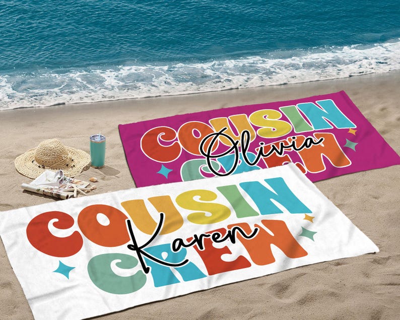 Personalized Cousin Crew Beach Towel, Summer Beach Gift for Cousin, Custom Name Pool Towel, Matching Cousin Trip Gift, Family Vacation Gift