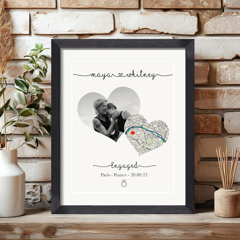 Engagement Gift For Couple - Engagement Map - Couples Gift - Personalised Map Photo Print - Engagement Map - Framed Engagement Print