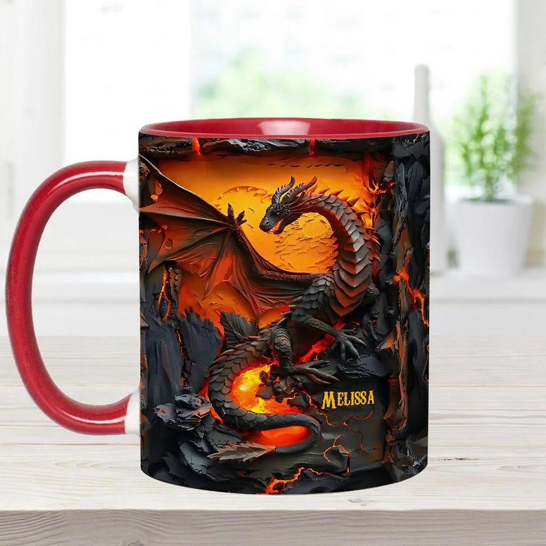 Love Dragons Personalized Ceramic Dragon Accent Mug, Dragon Lover Mug, Volcano Dragons Two Tone Coffee Cup Gift for Fantasy Book Reader