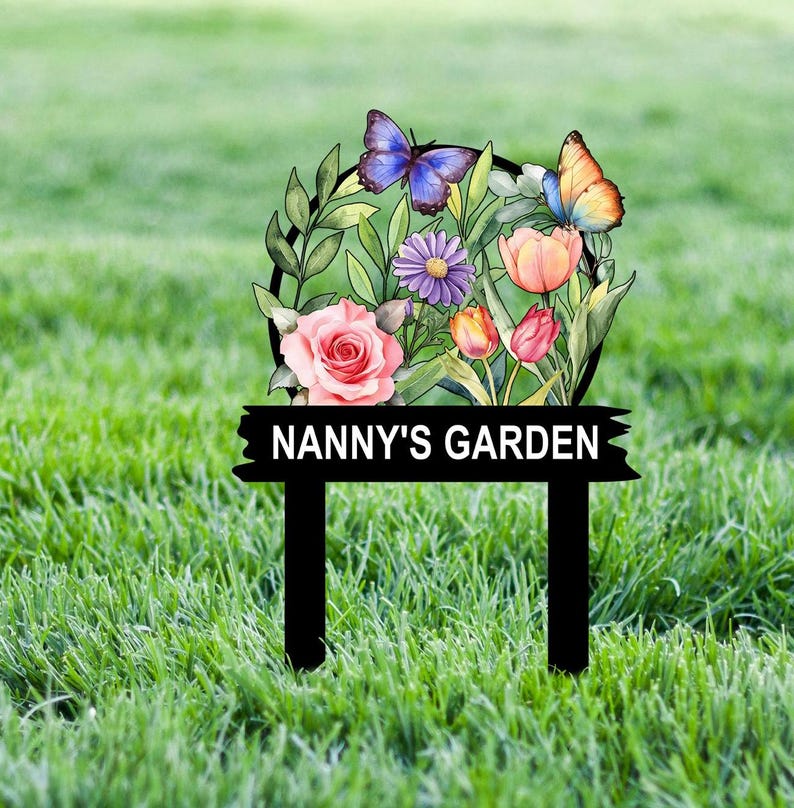 Custom Metal Garden Decor, Butterfly with Flower Garden Sign, Personalized Garden Name Stakes, Lawn Signs, Outdoor Sign,Garden Gifts for Mom