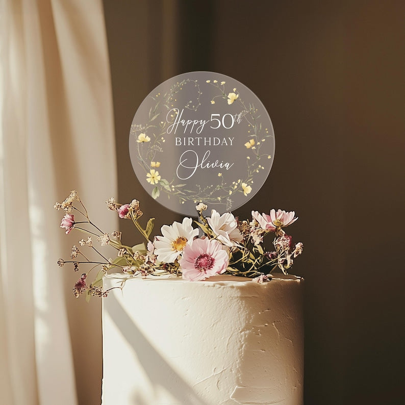 Happy Birthday Acrylic Cake Topper, 50th Birthday Cake Topper, Custom Cake Topper for Birthday, Custom Name Cake Topper