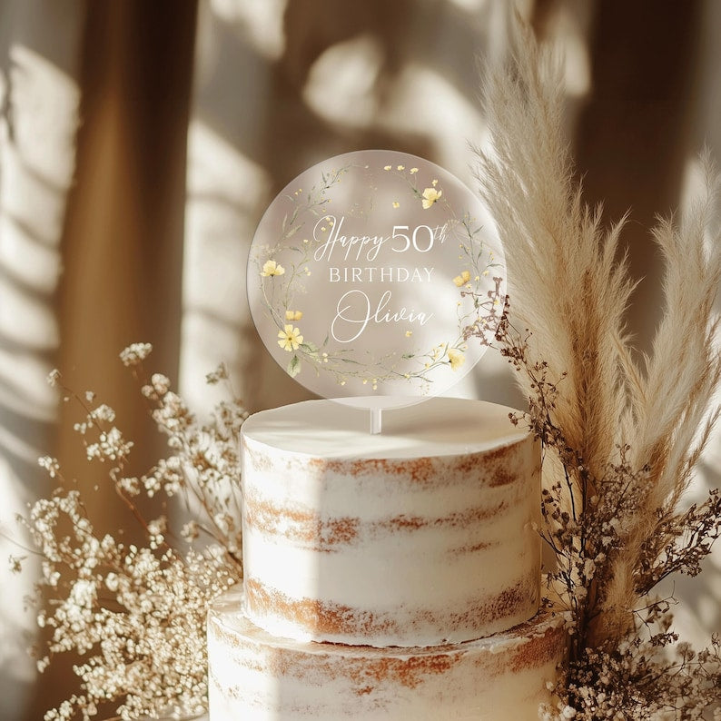 Happy Birthday Acrylic Cake Topper, 50th Birthday Cake Topper, Custom Cake Topper for Birthday, Custom Name Cake Topper