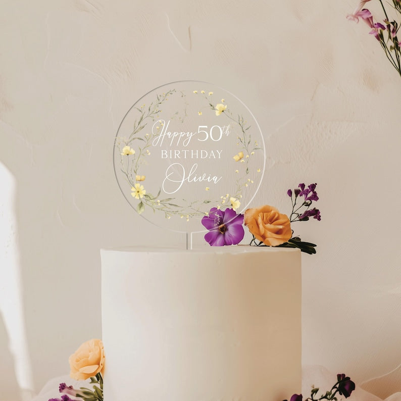 Happy Birthday Acrylic Cake Topper, 50th Birthday Cake Topper, Custom Cake Topper for Birthday, Custom Name Cake Topper
