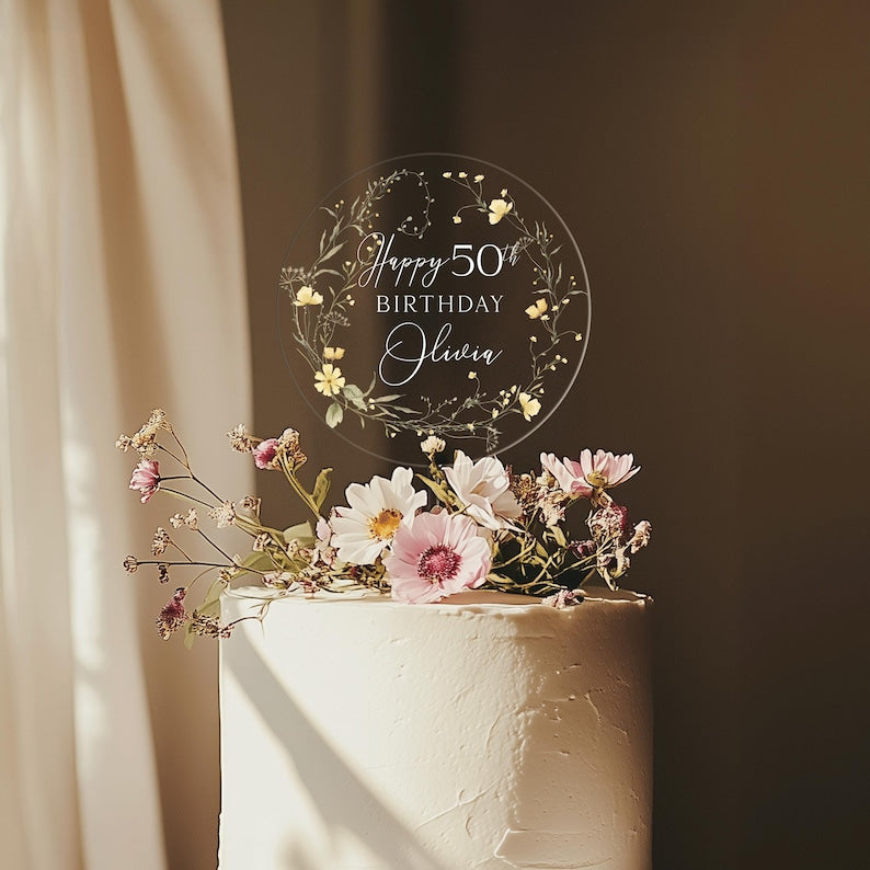 Happy Birthday Acrylic Cake Topper, 50th Birthday Cake Topper, Custom Cake Topper for Birthday, Custom Name Cake Topper