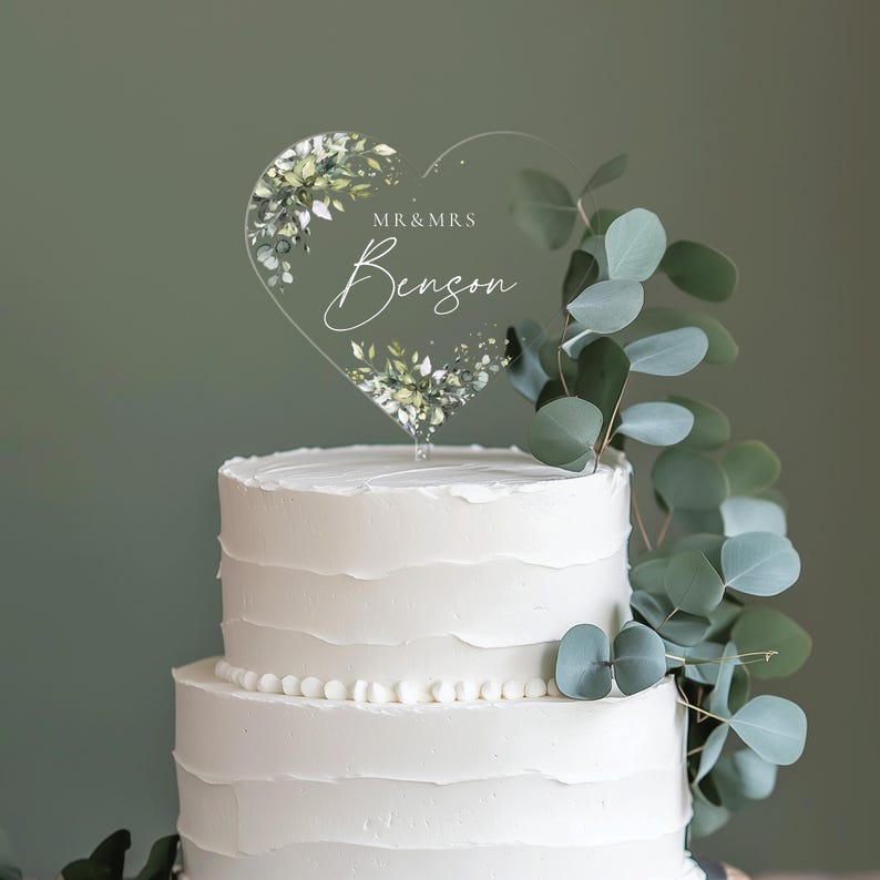 Heart Cake Topper with Custom Name, Eucalyptus Wedding Cake Topper, Acrylic Cake Decor, Engagement Cake Topper, Acrylic Cake Topper Wedding