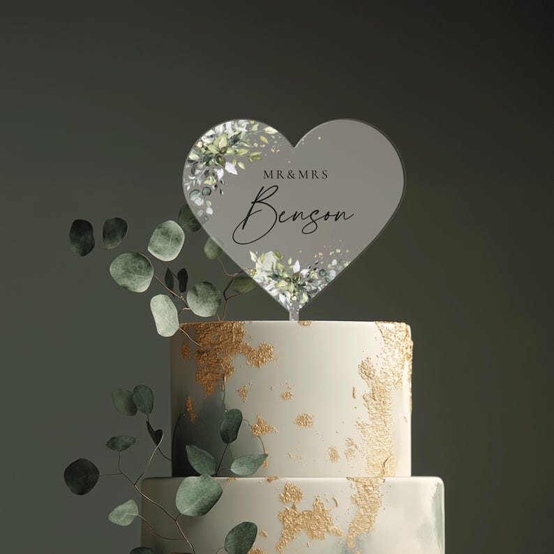 Heart Cake Topper with Custom Name, Eucalyptus Wedding Cake Topper, Acrylic Cake Decor, Engagement Cake Topper, Acrylic Cake Topper Wedding