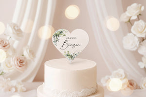 Heart Cake Topper with Custom Name, Eucalyptus Wedding Cake Topper, Acrylic Cake Decor, Engagement Cake Topper, Acrylic Cake Topper Wedding