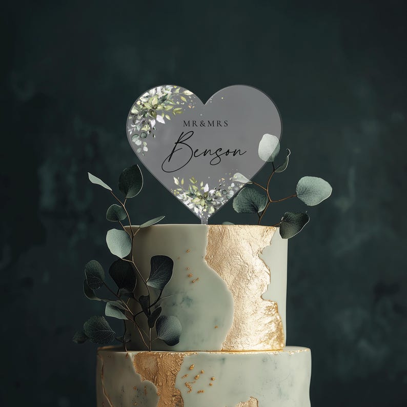 Heart Cake Topper with Custom Name, Eucalyptus Wedding Cake Topper, Acrylic Cake Decor, Engagement Cake Topper, Acrylic Cake Topper Wedding