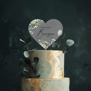 Heart Cake Topper with Custom Name, Eucalyptus Wedding Cake Topper, Acrylic Cake Decor, Engagement Cake Topper, Acrylic Cake Topper Wedding