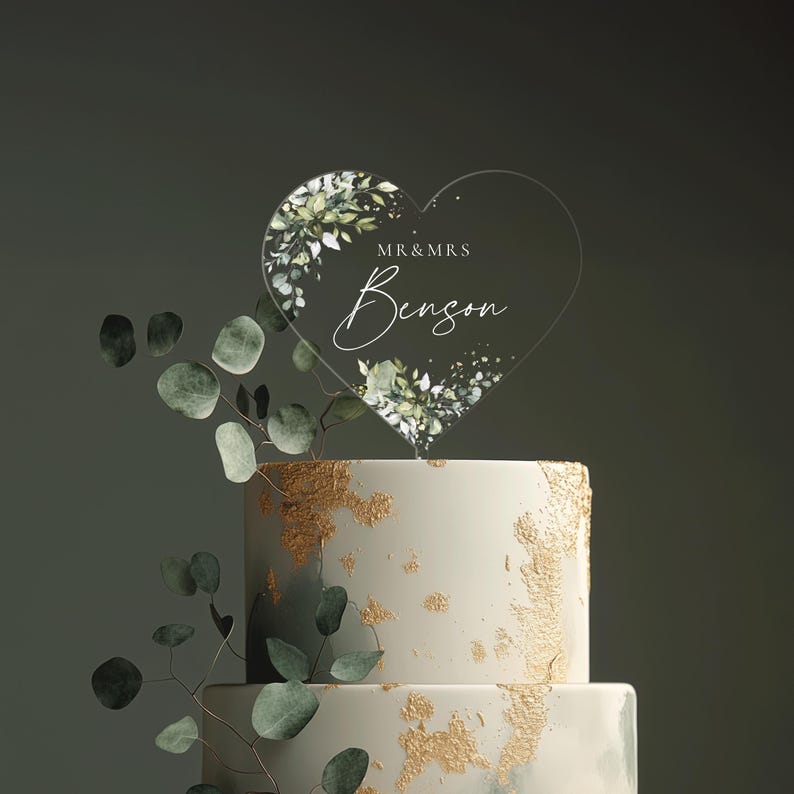 Heart Cake Topper with Custom Name, Eucalyptus Wedding Cake Topper, Acrylic Cake Decor, Engagement Cake Topper, Acrylic Cake Topper Wedding