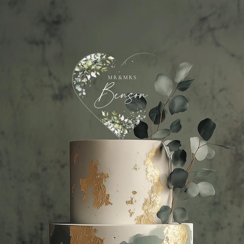 Heart Cake Topper with Custom Name, Eucalyptus Wedding Cake Topper, Acrylic Cake Decor, Engagement Cake Topper, Acrylic Cake Topper Wedding