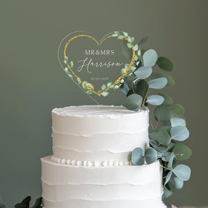 Floral Wreath Wedding Cake Topper, Acrylic Cake Topper for Wedding, Gold Acrylic Cake Topper, Eucalyptus Custom Wedding Cake Topper