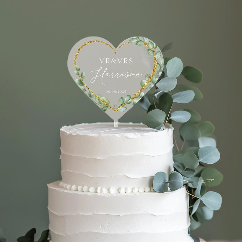 Floral Wreath Wedding Cake Topper, Acrylic Cake Topper for Wedding, Gold Acrylic Cake Topper, Eucalyptus Custom Wedding Cake Topper