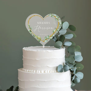 Floral Wreath Wedding Cake Topper, Acrylic Cake Topper for Wedding, Gold Acrylic Cake Topper, Eucalyptus Custom Wedding Cake Topper