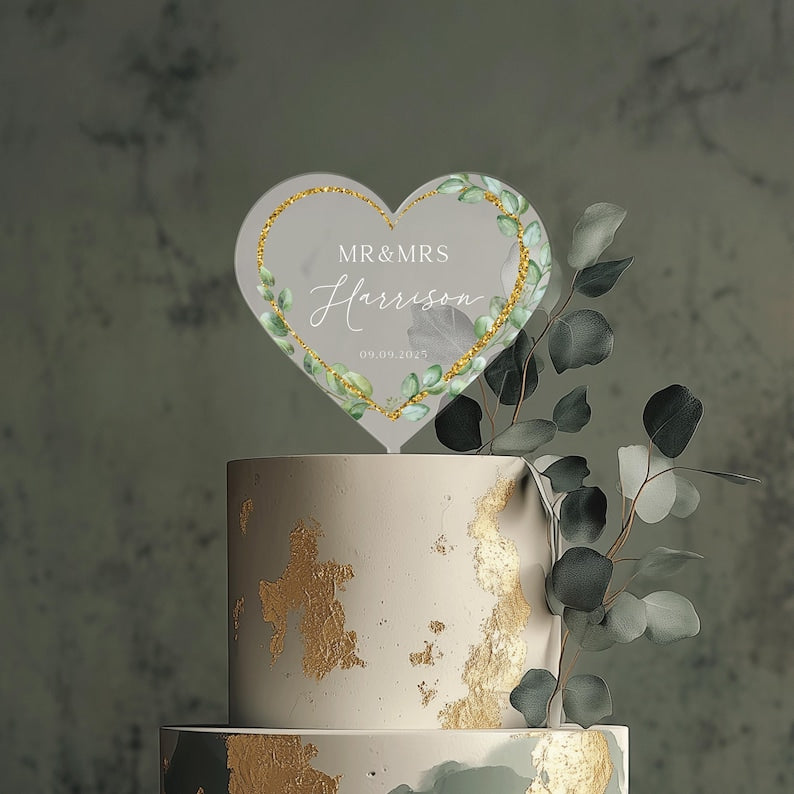 Floral Wreath Wedding Cake Topper, Acrylic Cake Topper for Wedding, Gold Acrylic Cake Topper, Eucalyptus Custom Wedding Cake Topper