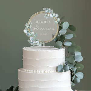 Unique Cake Topper for Wedding Eucalyptus, Rustic Acrylic Cake Topper, Mr and Mrs Cake Topper, Gold Wedding Cake Topper, Custom Cake Topper