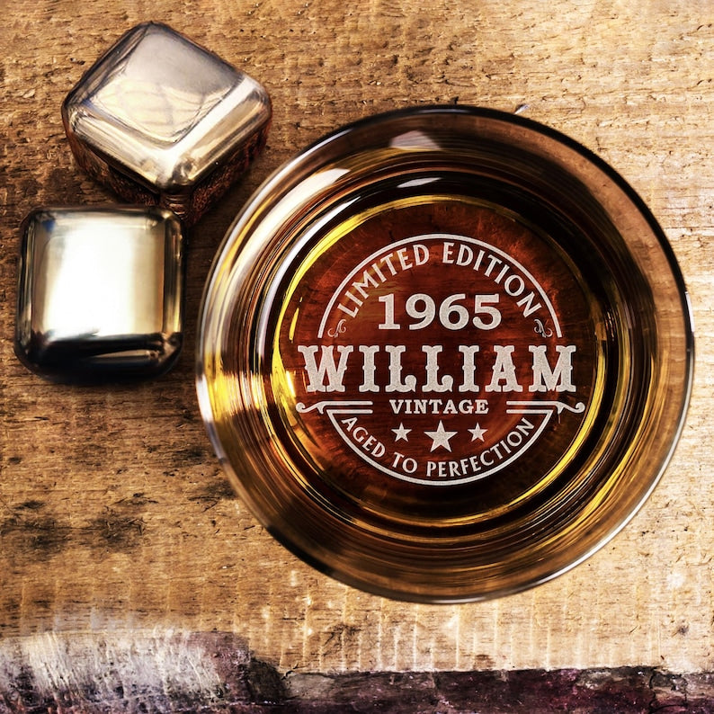Custom 60th Birthday Whiskey Glass - Personalized Vintage Rock Glass Gifts for Men, Gift for Bourbon Lovers