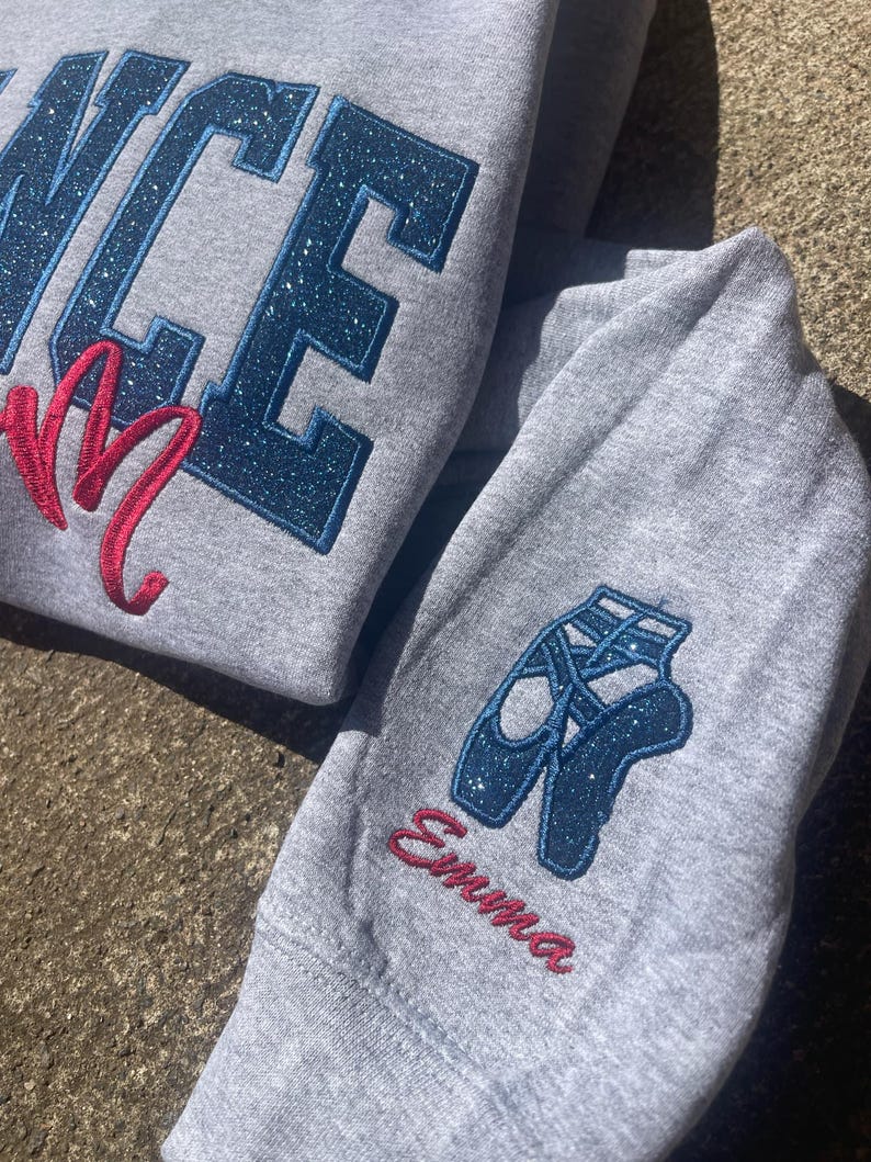 Dance Mom Custom Title with Name on Sleeve Glitter Applique Embroidered Sweatshirt il_794xN.6712307829_206e.jpg
