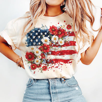Floral American Flag Sweatshirt, 4th of July Shirt, America Shirt, Patriotic T-Shirt, Coquette 4th Of July Shirt, Retro 4th of July Shirt