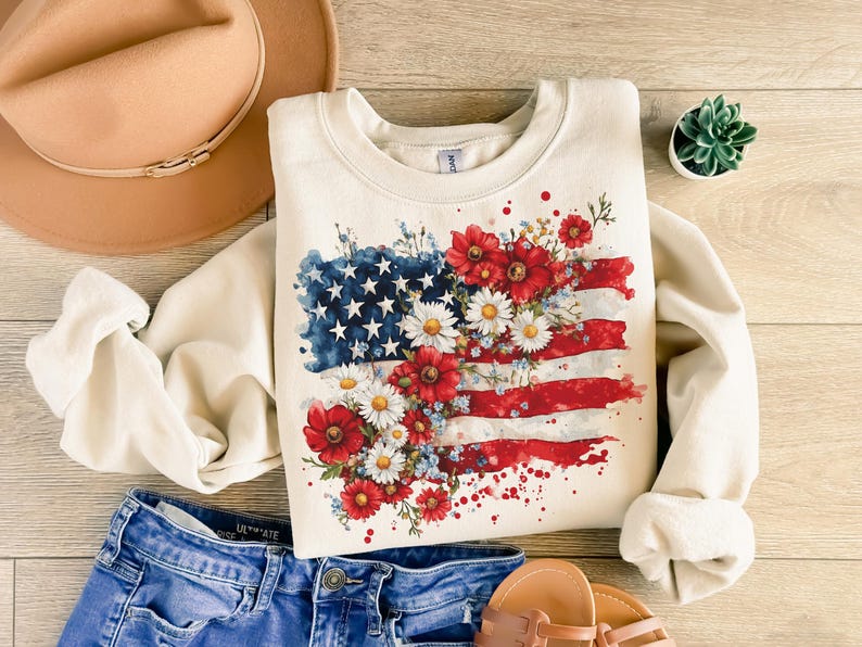Floral American Flag Sweatshirt, 4th of July Shirt, America Shirt, Patriotic T-Shirt, Coquette 4th Of July Shirt, Retro 4th of July Shirt