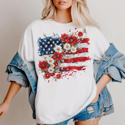 Floral American Flag Sweatshirt, 4th of July Shirt, America Shirt, Patriotic T-Shirt, Coquette 4th Of July Shirt, Retro 4th of July Shirt