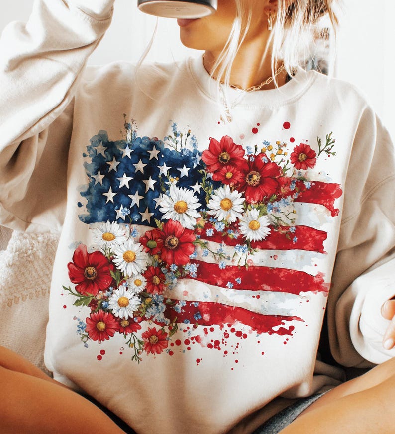 Floral American Flag Sweatshirt, 4th of July Shirt, America Shirt, Patriotic T-Shirt, Coquette 4th Of July Shirt, Retro 4th of July Shirt