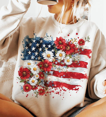 Floral American Flag Sweatshirt, 4th of July Shirt, America Shirt, Patriotic T-Shirt, Coquette 4th Of July Shirt, Retro 4th of July Shirt