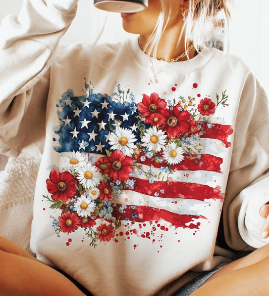 Floral American Flag Sweatshirt, 4th of July Shirt, America Shirt, Patriotic T-Shirt, Coquette 4th Of July Shirt, Retro 4th of July Shirt