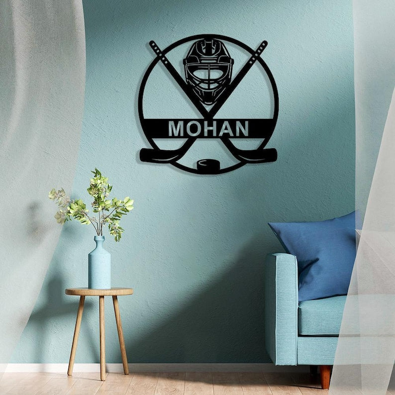 Custom Metal Ice Hockey Name Sign, Personalised Player Stick Wall Art With LED, Hockey Gifts For Kid Boy Girl, Hockey Wall Decor, Door Sign