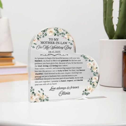 To My Mother-in-law On My Wedding Day Gift, Mother Of The Groom Personalized Heart Plaque, Wedding Day Gift For Mother in law, From Bride