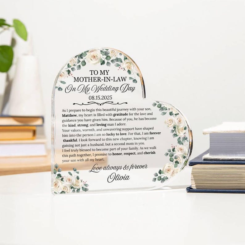 To My Mother-in-law On My Wedding Day Gift, Mother Of The Groom Personalized Heart Plaque, Wedding Day Gift For Mother in law, From Bride