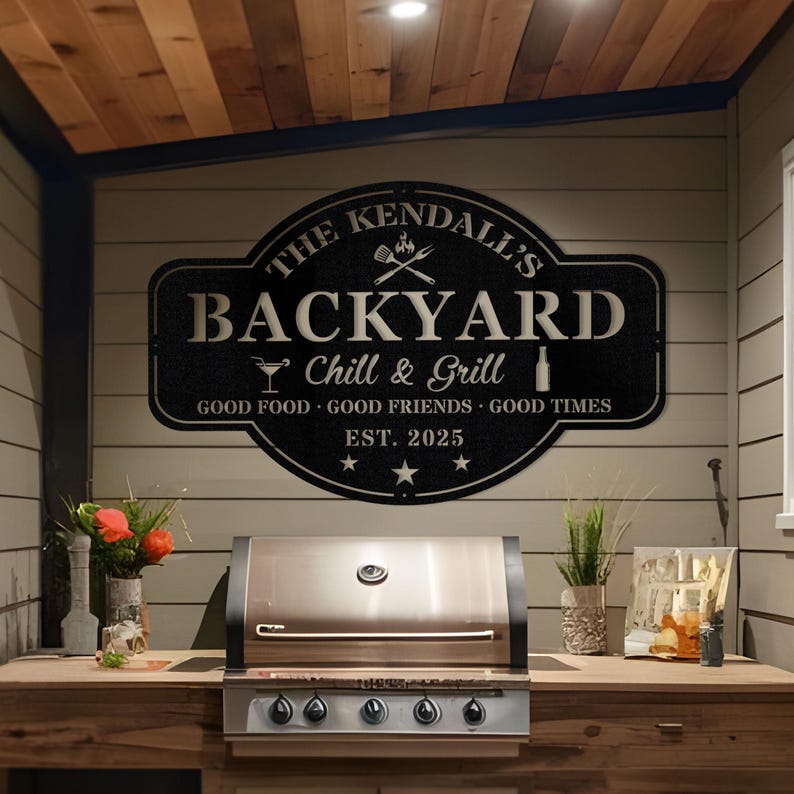 Personalized Bar & Grill Metal Sign,Custom Backyard Chill And Grill Signs for Outdoor,Backyard Patio Decor,Bar Sign,Backyard Decor,Mancave
