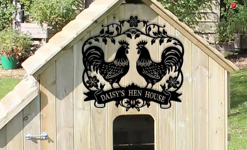 Personalized Metal Chicken Name Sign, Garden Decor, Outdoor Large Sign, Custom Chicken Decor with Flowers, Unique Design Metal Chicken Sign