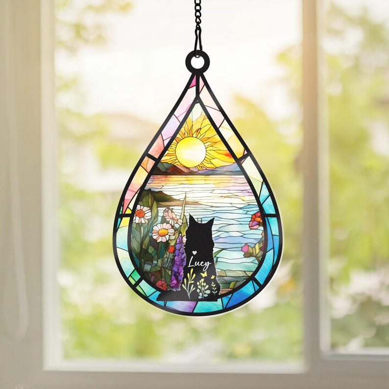 Custom Cat Memorial Acrylic Suncatcher With Name And Date, Personalized Teardrop Dog Memorial Suncatcher , Engraved Cat Lovers Gifts, Cat Loss Gift