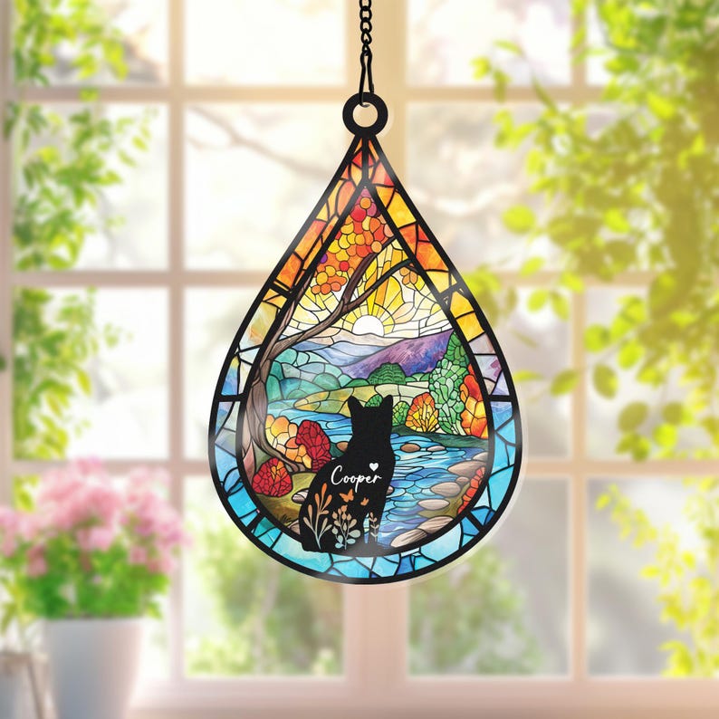 Custom Cat Memorial Acrylic Suncatcher With Name And Date, Personalized Teardrop Dog Memorial Suncatcher , Engraved Cat Lovers Gifts, Cat Loss Gift