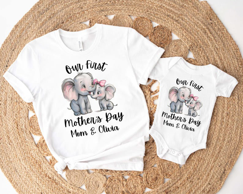 Personalized Mom & Baby Matching Elephant T-Shirts - Custom Names, Our First Mother's Day Gift Idea - Perfect for Mother's Day