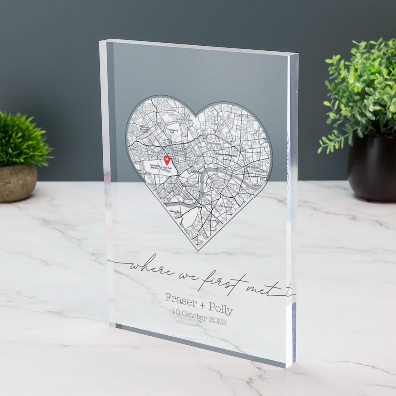 Where We First Met Personalised Heart Map Print of City Custom Acrylic Block Any Location First Date Where It All Began Anniversary Gift