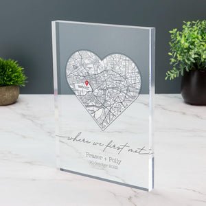 Where We First Met Personalised Heart Map Print of City Custom Acrylic Block Any Location First Date Where It All Began Anniversary Gift