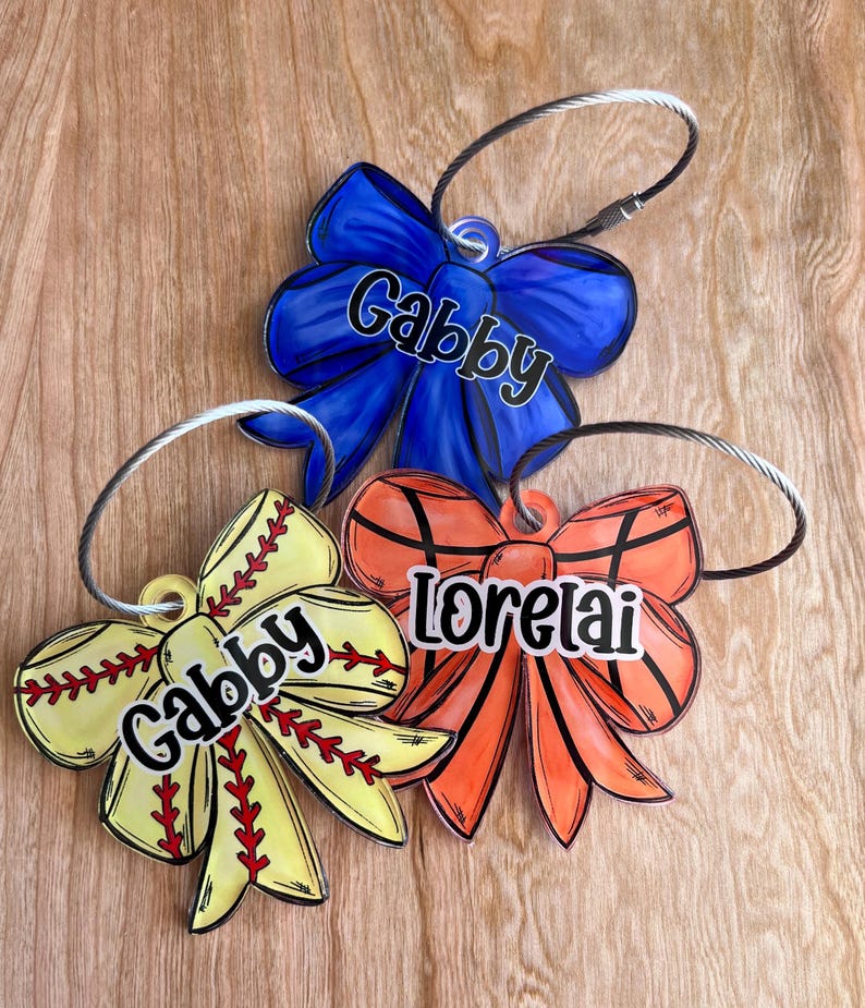 Personalized Girls Sports Bag Tag - Custom Name Tag with Bow - Cheer, Softball, Soccer, Basketball Gift
