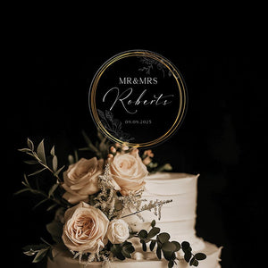Personalized Acrylic Wedding Cake Topper, Gold Wreath Acrylic Cake Topper for Wedding, Custom Name Cake Topper, Anniversary Cake Topper
