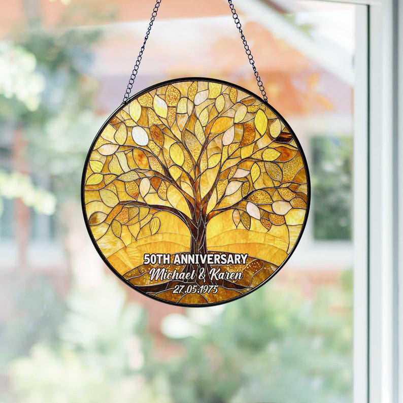 Personalized Tree of Life 50th Anniversary Gift, Golden Anniversary Glass Suncatcher, Tree of Life Window Hanging, Wedding Anniversary Gift