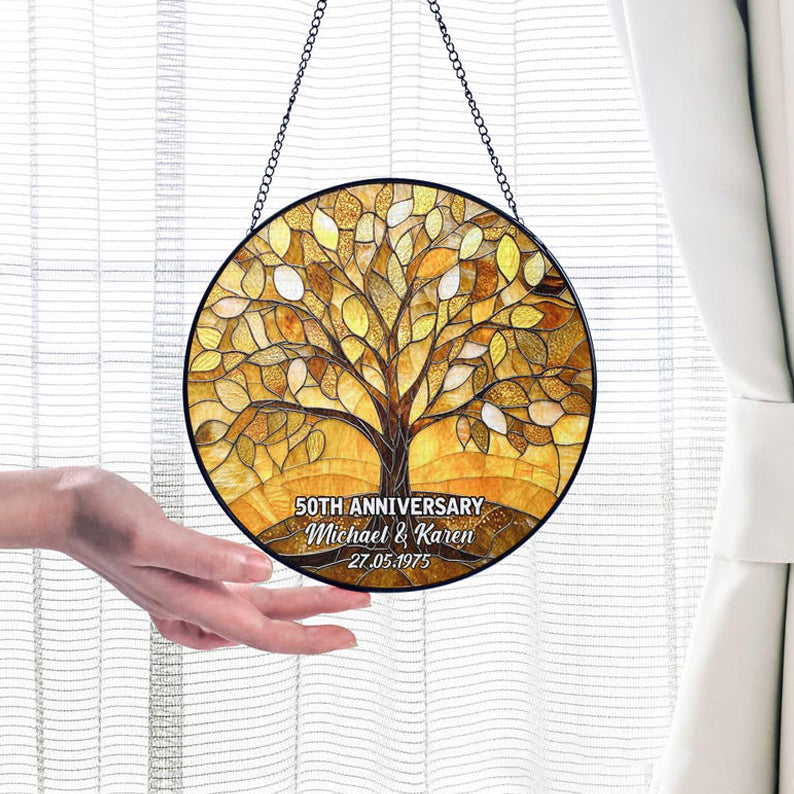 Personalized Tree of Life 50th Anniversary Gift, Golden Anniversary Glass Suncatcher, Tree of Life Window Hanging, Wedding Anniversary Gift