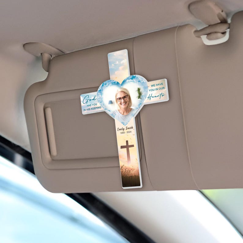 God Has You In His Arms Custom Photo Car Visor Clip, Personalized Memorial Gift, Custom Memorial Sun Visor Picture Clip,Gift Car Accessories, Memorial Keepsake Gift