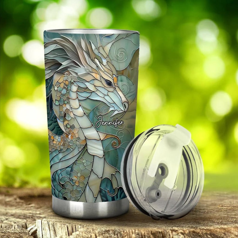 Love Dragons Personalized Dragon Tumbler, Mosaic Artistic Dragon Lover Travel Mug, Blue Dragon Tumbler, Gift for Dad, Custom Travel Mug
