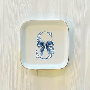 Personalized Blue Toile Initial Ring Trinket Dish | Blue Bow Toile Ring Dish | Girly Jewelry Dish | Gift for Her